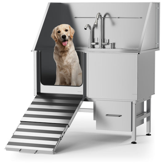 Professional Stainless Steel Dog Washing Station with Storage Drawer, Ramp, and Floor Grate - Ideal for Large, Medium, and Small Pets - Home Grooming Tub (20")