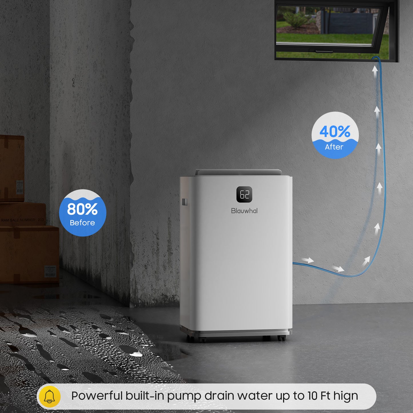 150 Pints Dehumidifiers with Pump with Drainage Hose for Home Large Room for Bathroom for Basement Covers up to 8000 Sq.Ft