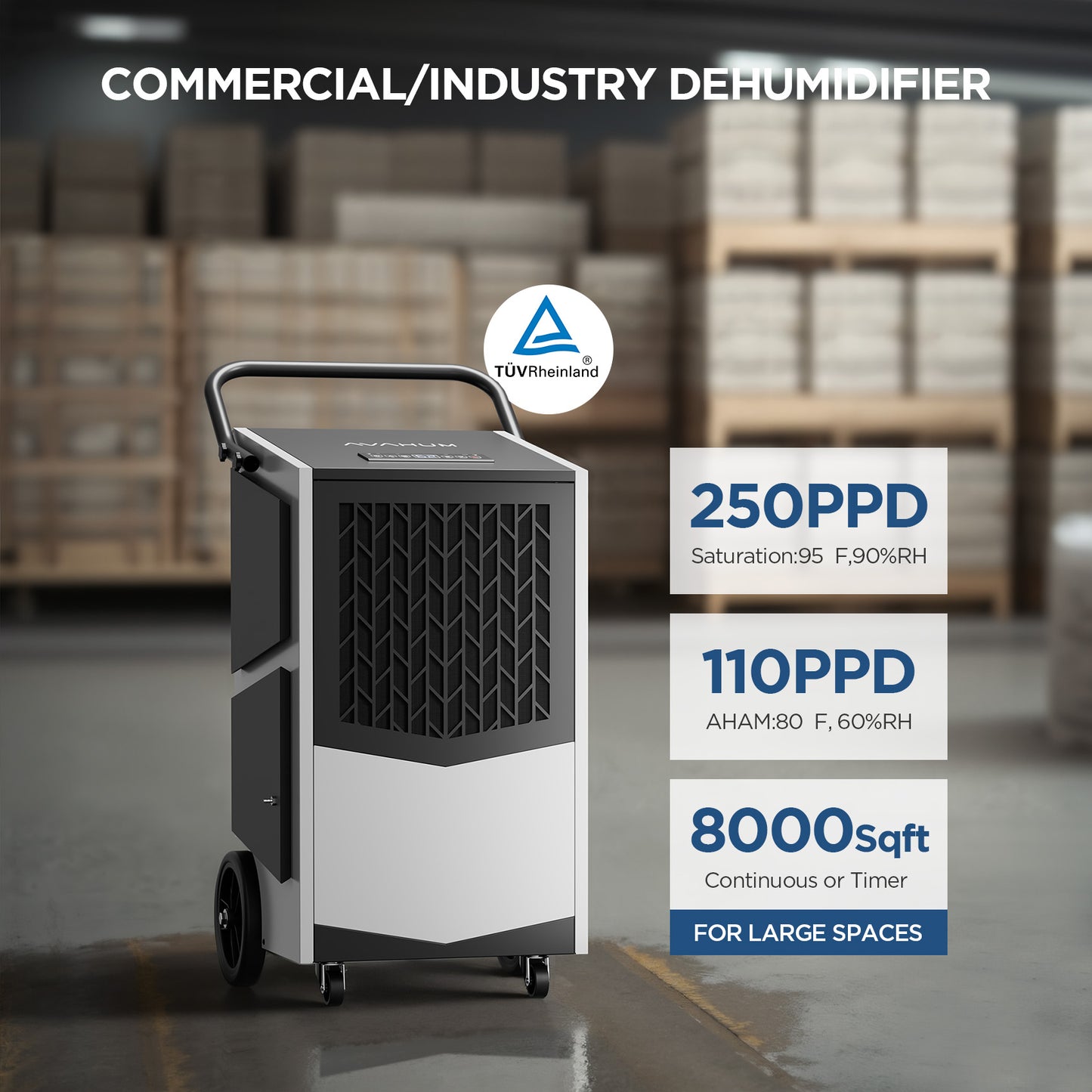 Avahum 250 Pint Commercial Dehumidifier with Pump capacity