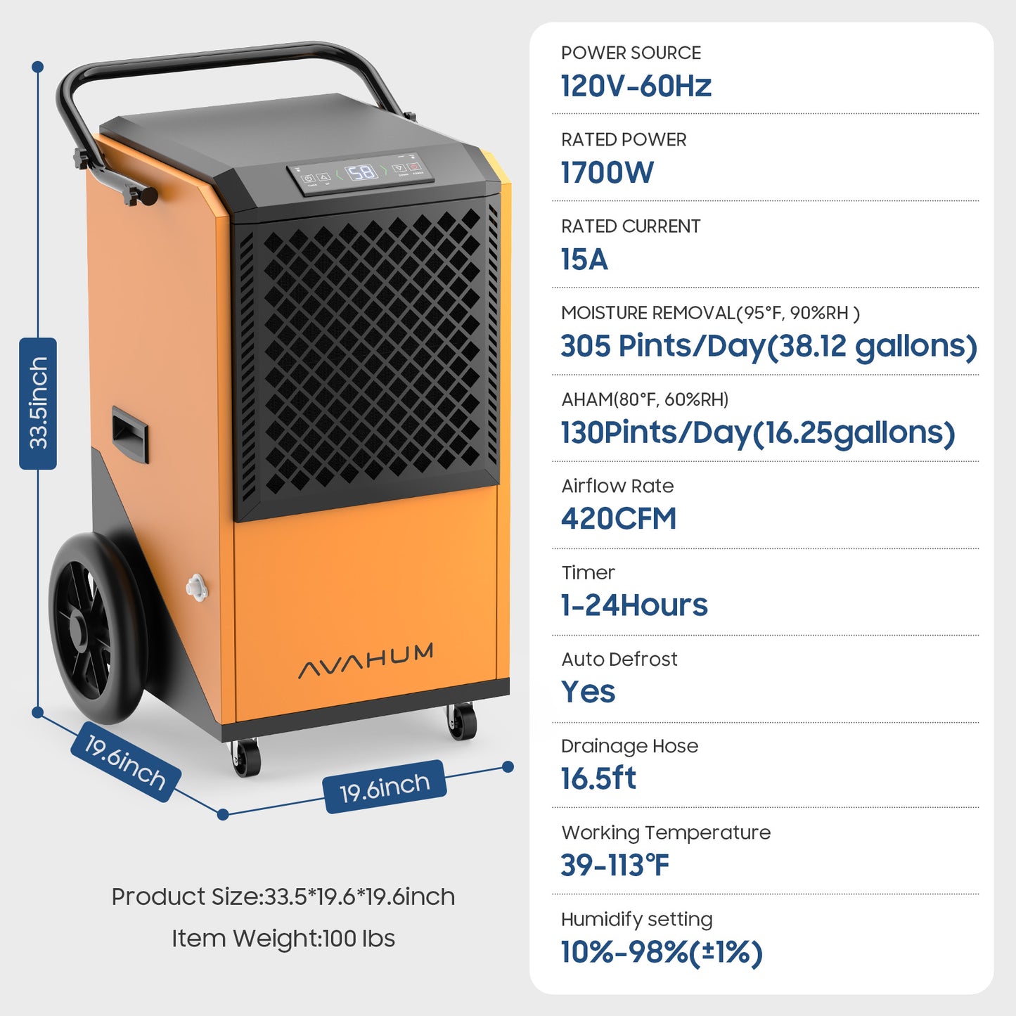 commercial dehumidifier for Basements,305 Pint, 9000 sqft Large Spaces,38 Gallon/Day.Commercial Grade Dehumidifiers for Industrial,24H Timer,Continuous Dehumidification,Auto defrost. Brand: AVAHUM