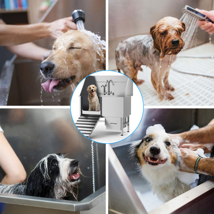 Professional Stainless Steel Dog Washing Station with Storage Drawer, Ramp, and Floor Grate - Ideal for Large, Medium, and Small Pets - Home Grooming Tub (20")