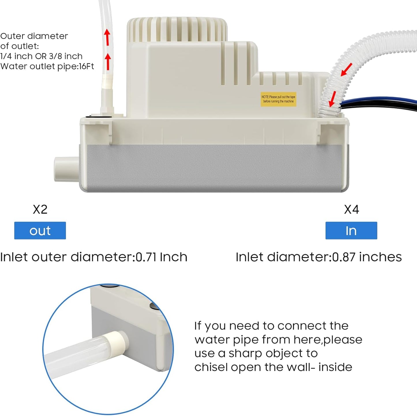 Automatic Condensate Removal Pump, HVAC Condensate Removal for Air Conditioner, Furnace, Dehumidifier,Ice Machine - 115 Volts/60Hz Ultra-Quiet with 16 Ft Hose,4 Water inlets & 2 Type outlets