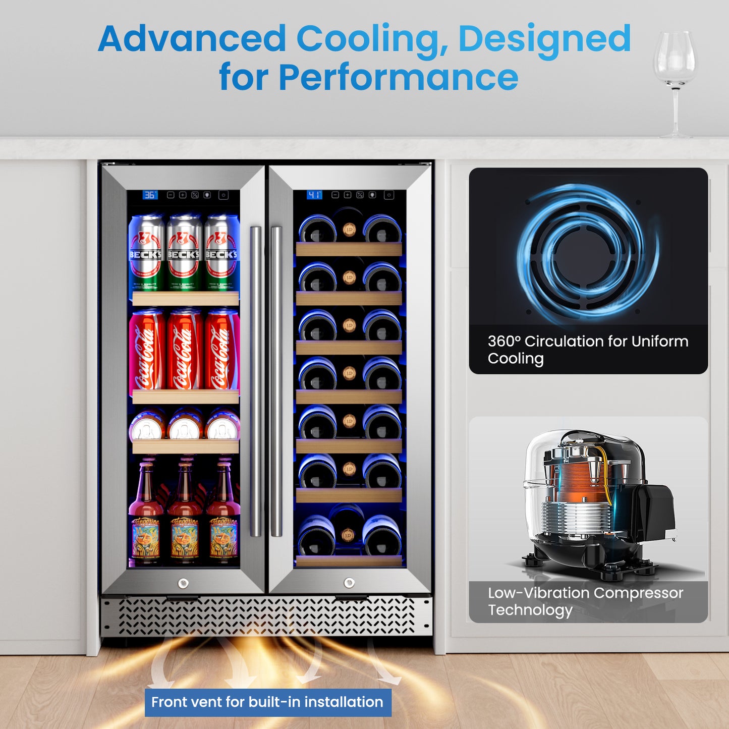 Wine and Beverage Refrigerator 24'', Dual Zone Wine Fridge Built in or Freestanding, Beverage Cooler with Glass Door holds 21 Bottles and 88 Cans, Upgrade Cooling Low Noise for Kitchen, Bar, Office