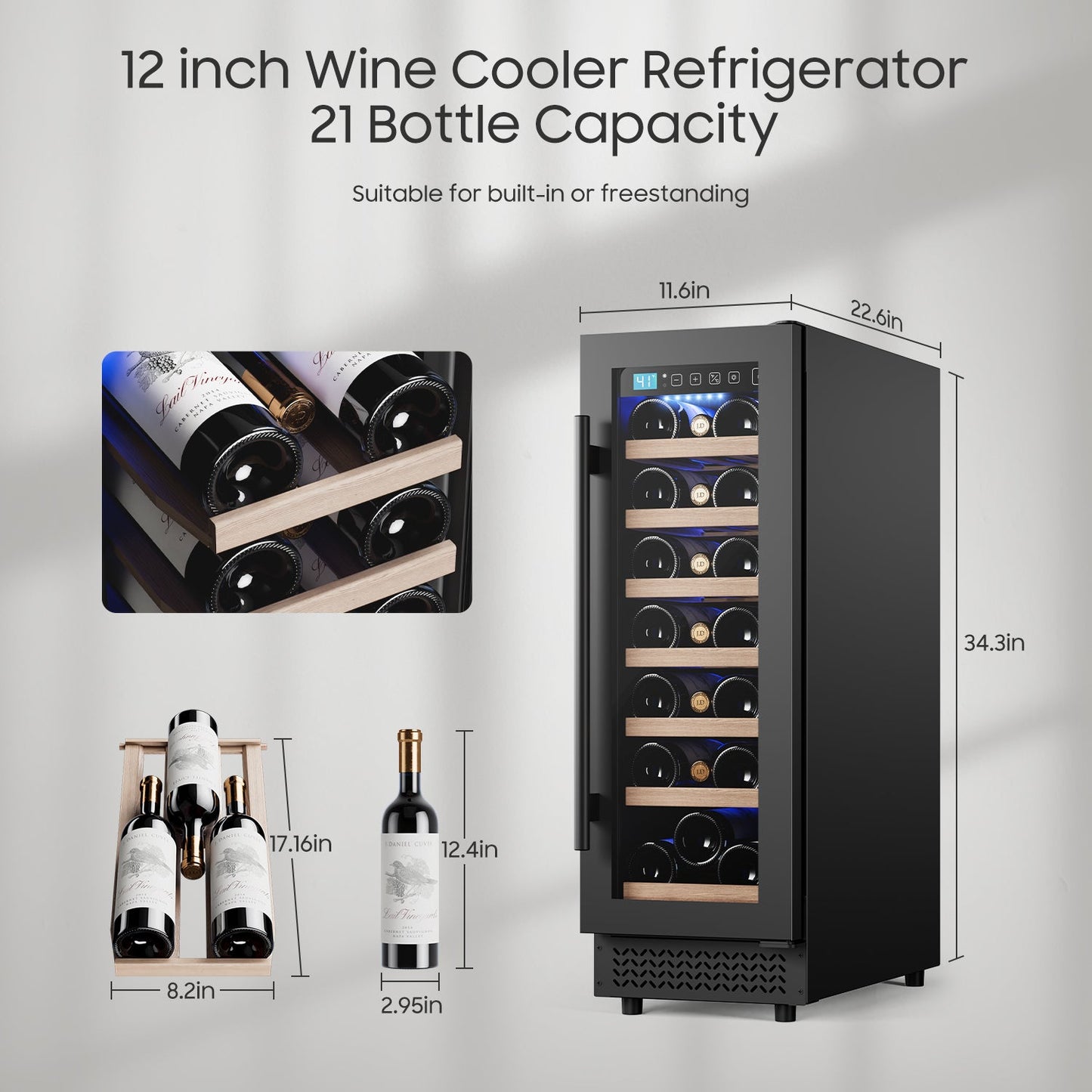 12" Wine Cooler Refrigerator 21 Bottle Wine Fridge Built-in or Freestanding with Double-Layer Tempered Glass Door Compressor quick cooling,Low Noise