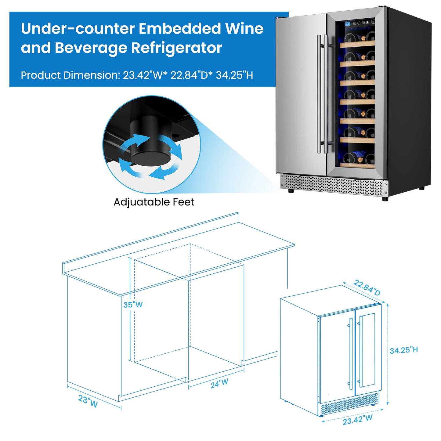 Wine and Beverage Refrigerator, 24” Daul Zone Wine Fridge, Freestanding Under Counter Refrigerator, Stainless Steel Beverage Cooler with Adjustable Shelves, Holds 21 Bottles and 88 Cans