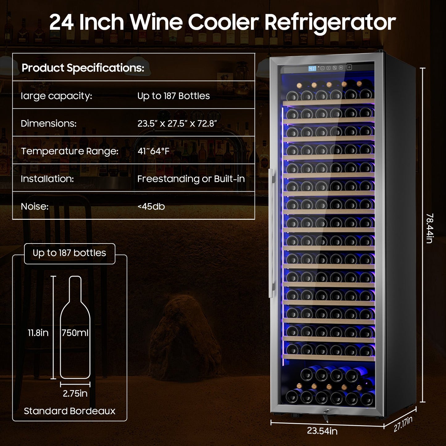 24 Inch Wine Cooler Refrigerator,187 Bottles Large Wine Fridge Freestanding Tall Wine Cooler with Upgraded Compressor, Low Noise and Elegant Design for The Wine Lovers