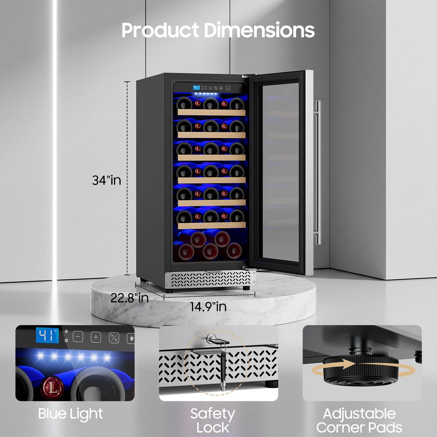 15 Inch Wine Fridge, 35 Bottles Wine Fridge Small with Glass Door Built-in or Freestanding, Wine Cooler Refrigerator Compressor Quick Cooling&Low Noise-Kitchen Bar Office
