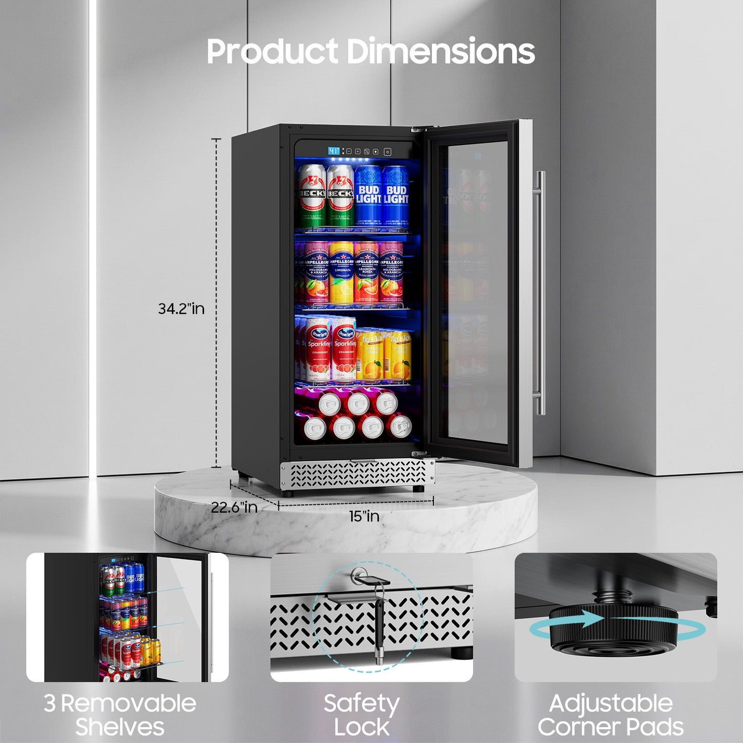 15 Inch Beverage Refrigerator, 100 Can Under Counter Beverage Fridge with Glass Door Built-in or Freestanding, Drink Fridge for Soda Beer Wine-Kitchen Bar Office