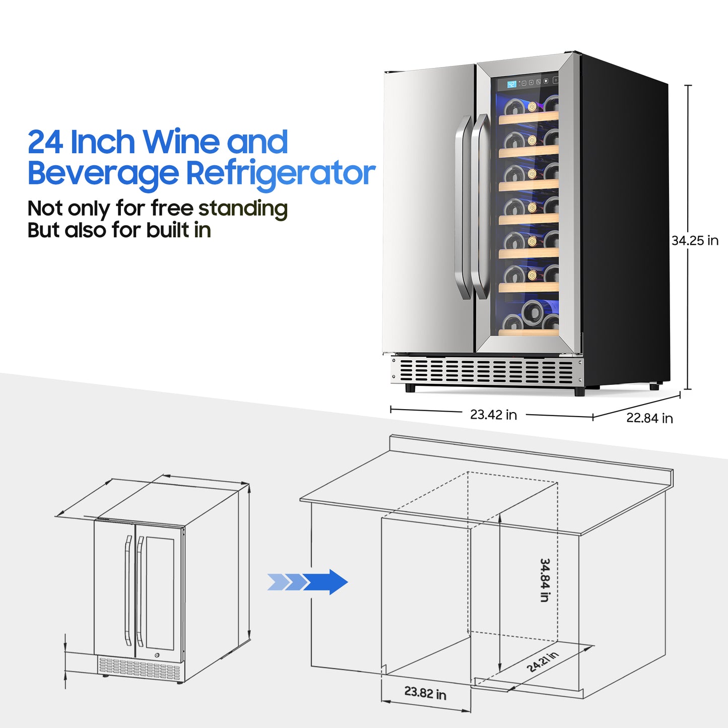 Holds 21 Bottles and 88 Cans Wine and Beverage Refrigerator, 24” Daul Zone Wine Fridge, Freestanding Under Counter Refrigerator, Stainless Steel Beverage Cooler with Adjustable Shelves