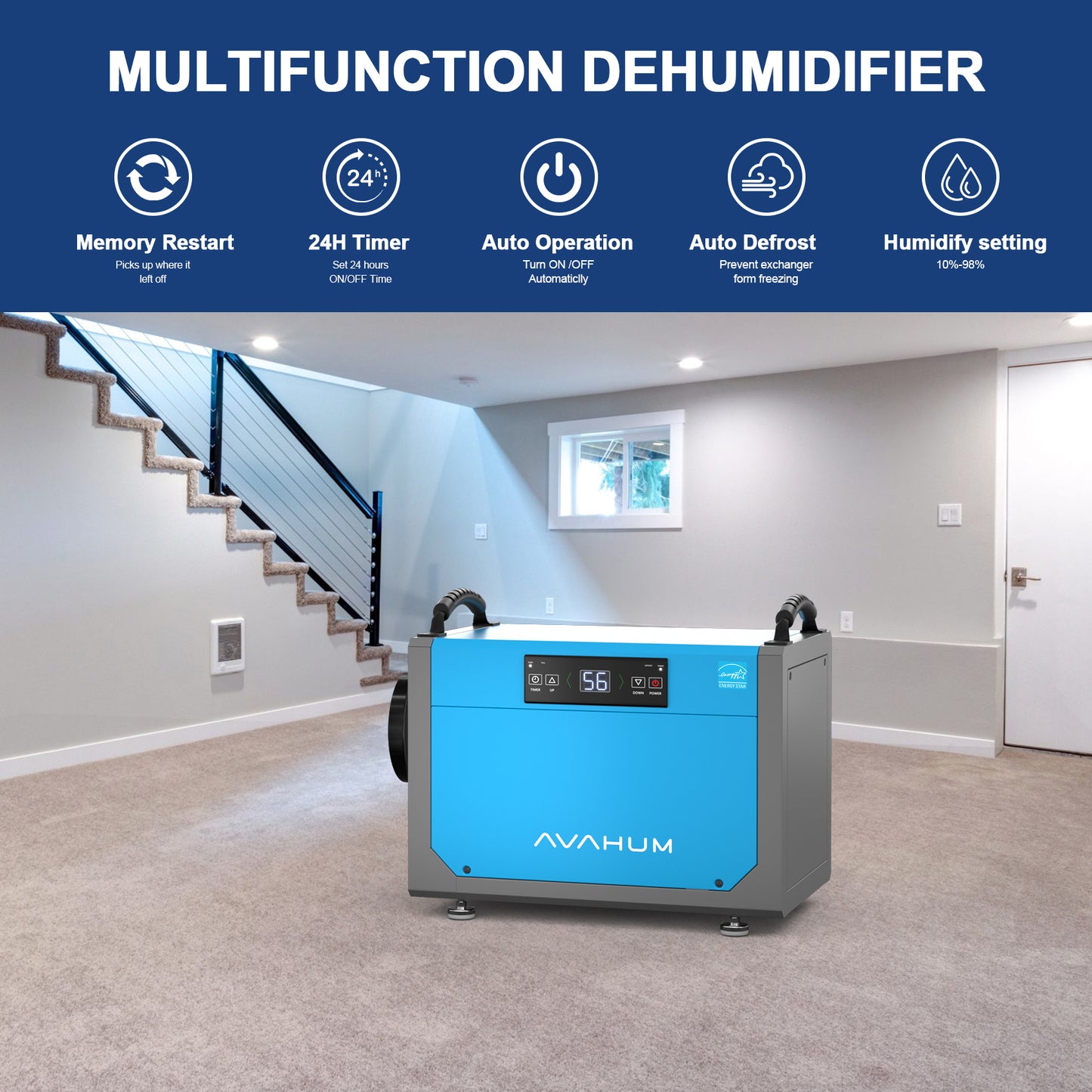 AVAHUM 113 Pints Crawl Space Dehumidifier for Basements Multifunction