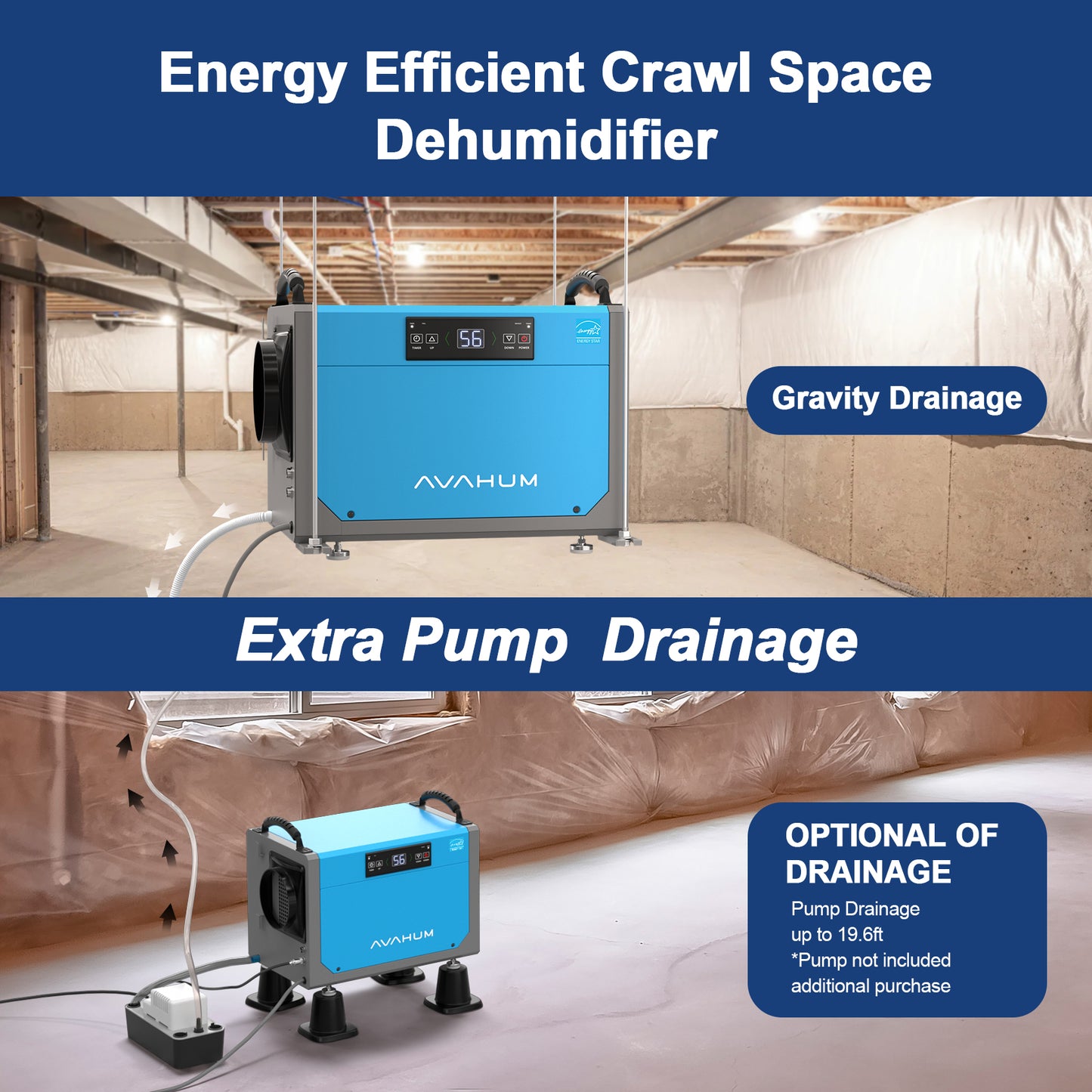 AVAHUM 113 Pints Crawl Space Dehumidifier for Basements Pump