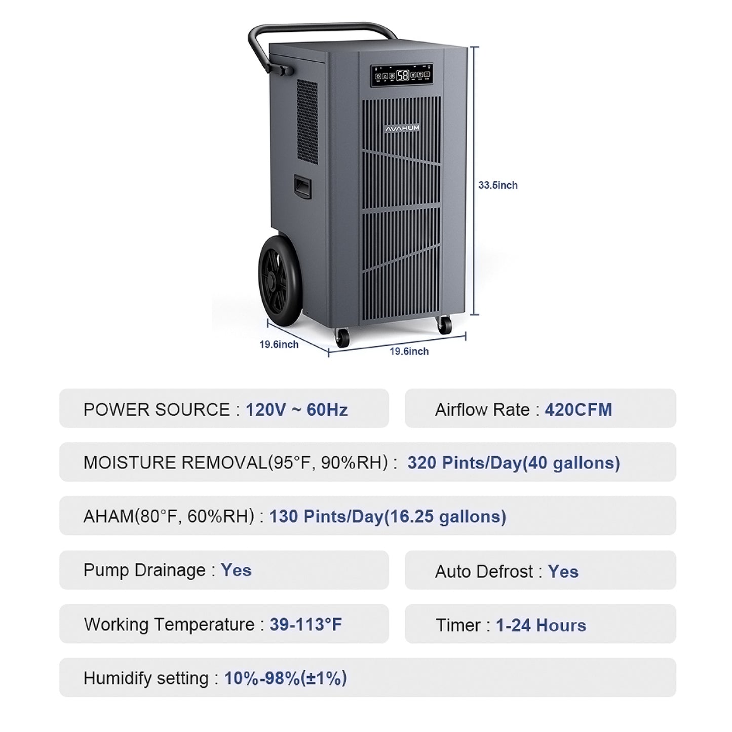 Details of AVAHUM 320 Pints Commercial Dehumidifier with Pump