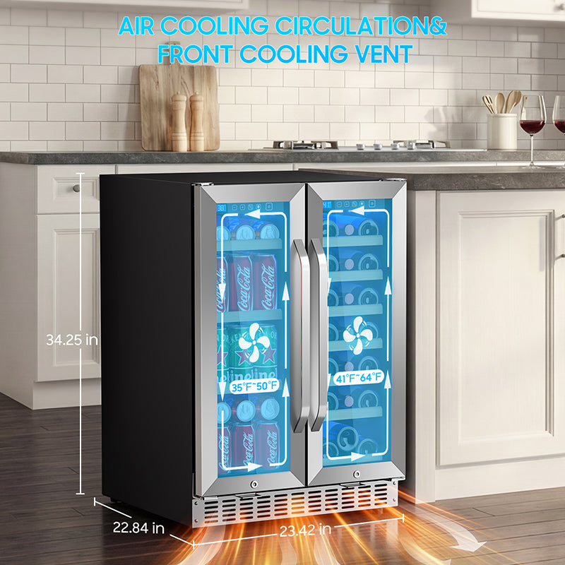 Beverage Cooler with Glass Door holds 21 Bottles and 88 Cans Wine and Beverage Refrigerator 24'', Dual Zone Wine Fridge Built in or Freestanding, Upgrade Cooling Low Noise for Kitchen, Bar, Office