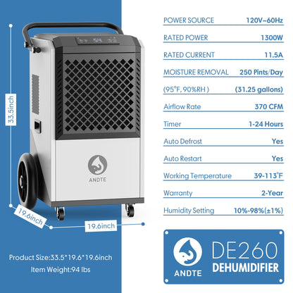 ANDTE 250 Pints Commercial Dehumidifiers with Drain Hose, Size for 8000 sq.ft