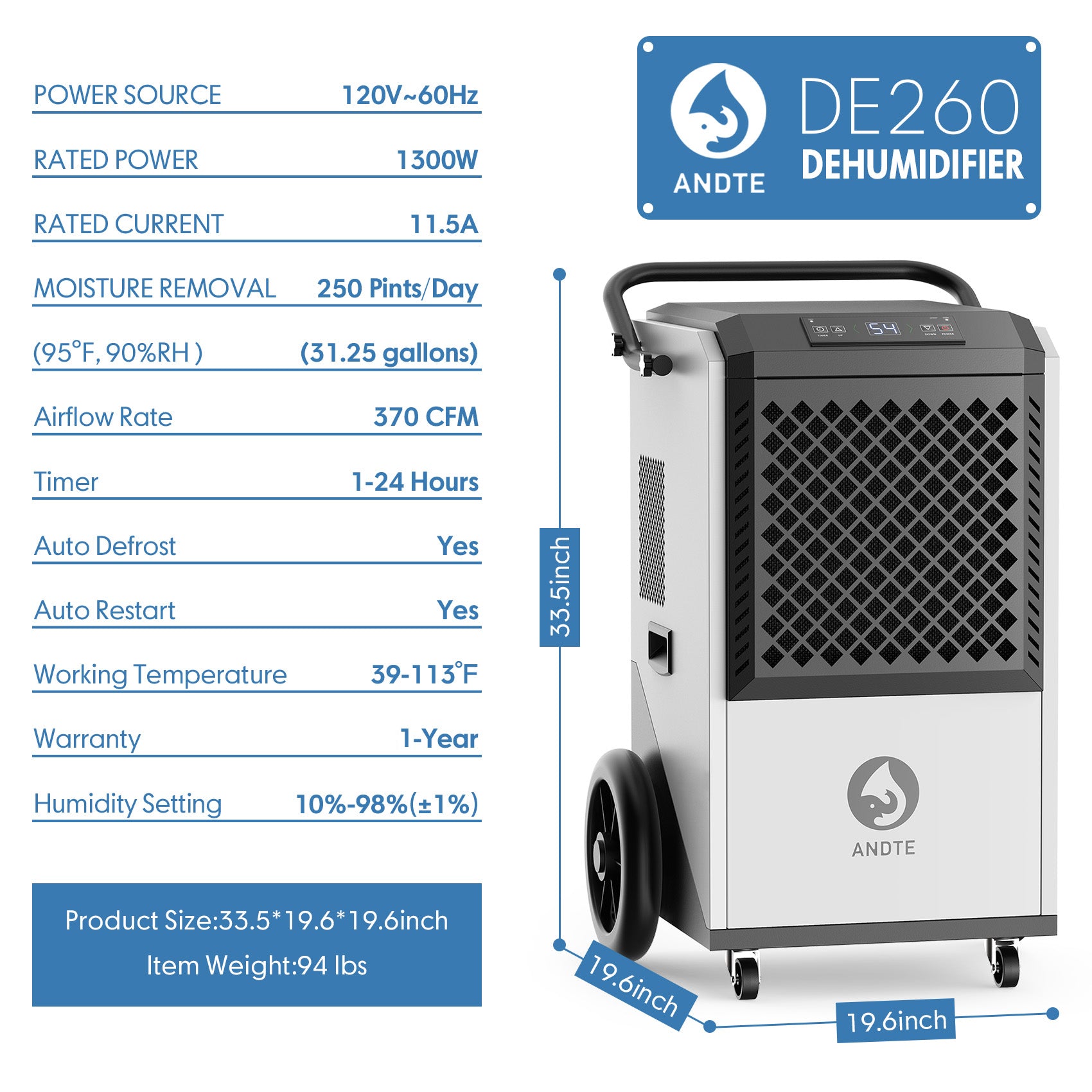 DE260 ANDTE dehumidifier parameter
