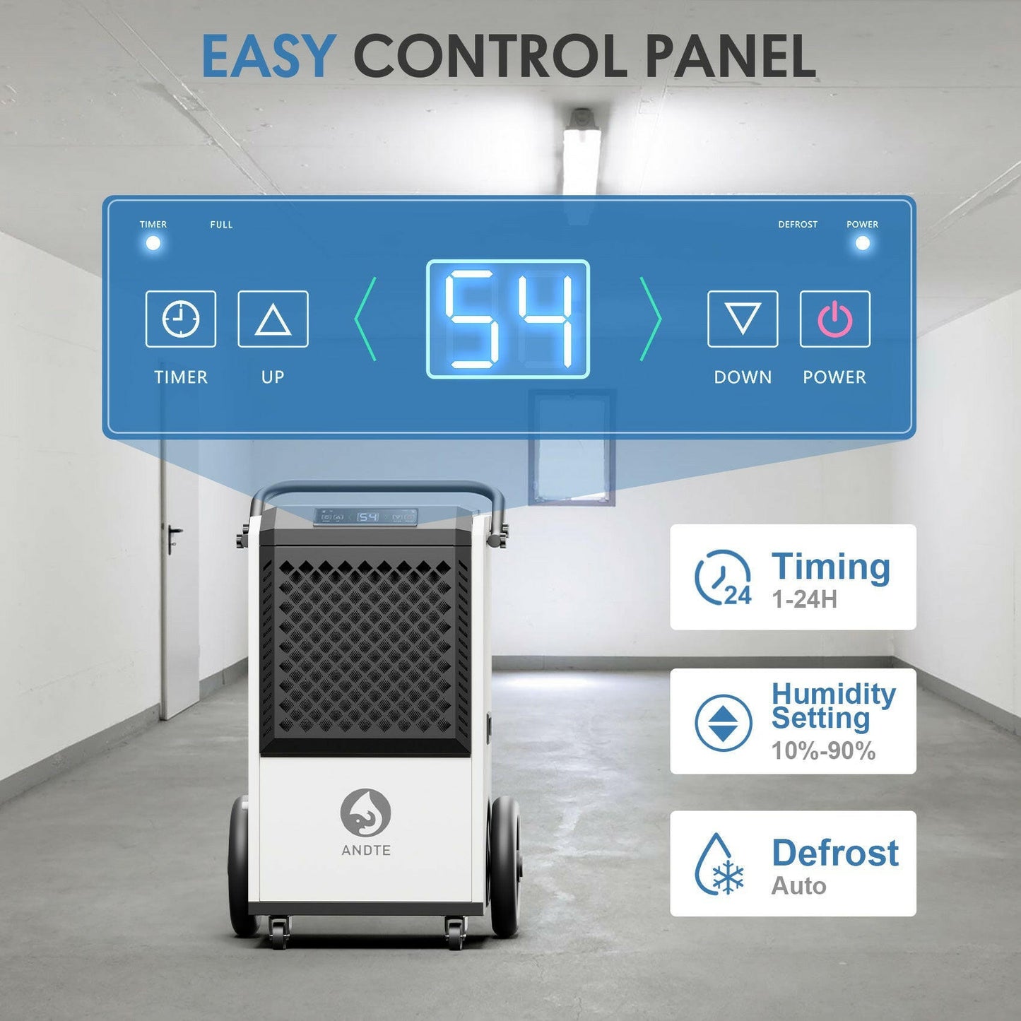 ANDTE 250 Pints Commercial Dehumidifier with Pump control panel