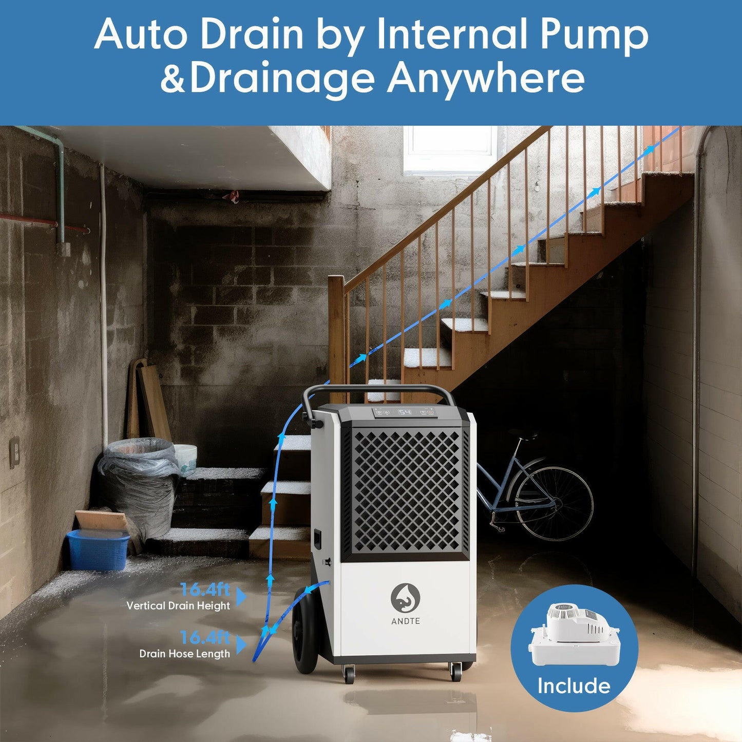 ANDTE 250 Pints Commercial Dehumidifier with Pump and drainage hose