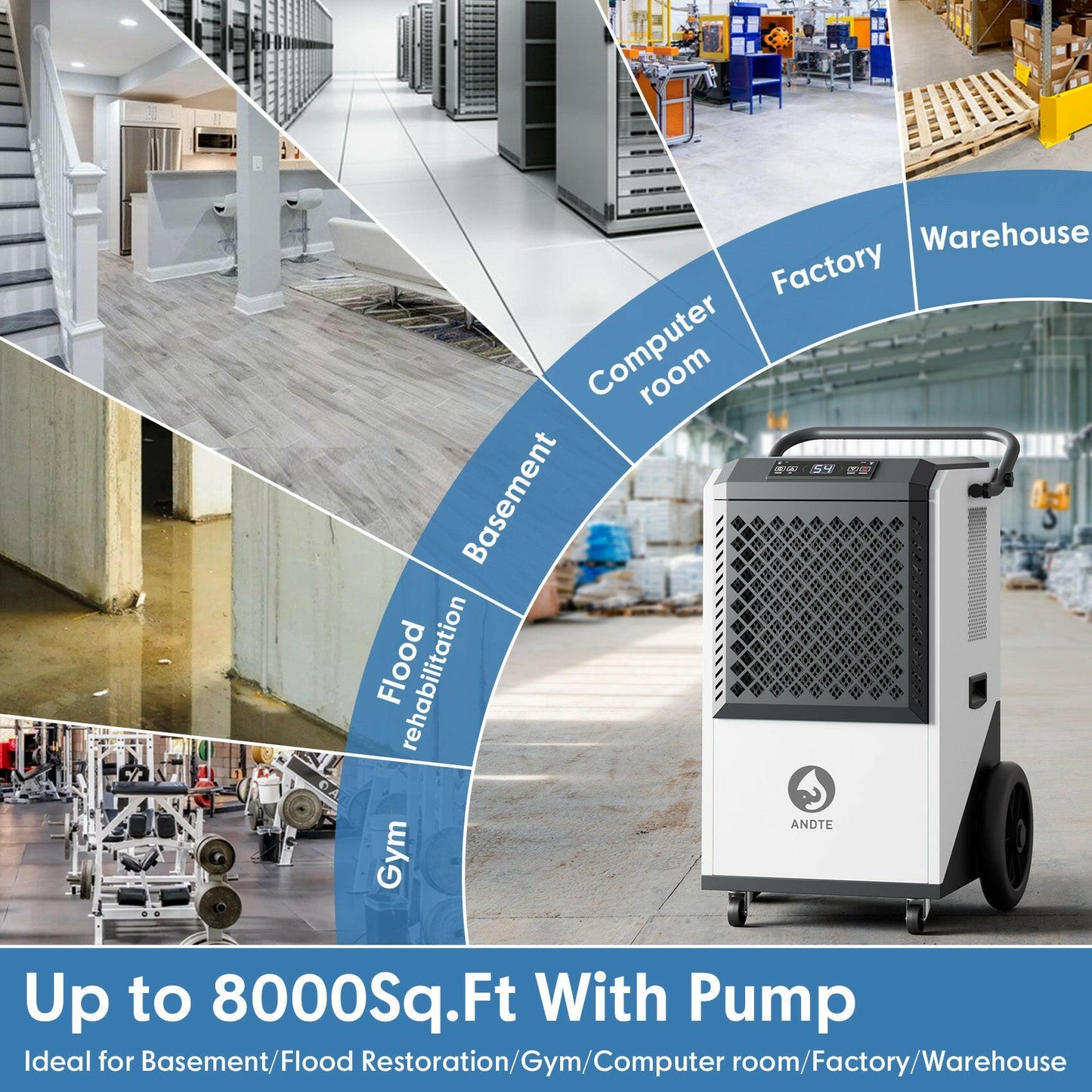 ANDTE 250 Pints Commercial Dehumidifier with Pump usage scene