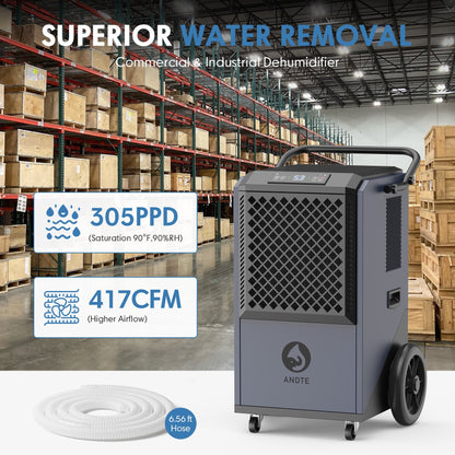 ANDTE 305 Pints Commercial Dehumidifier with Drain Hose, Industrial Dehumidifier for Basements, Garages, and Flood Restoration, Includes 5-Year Warranty