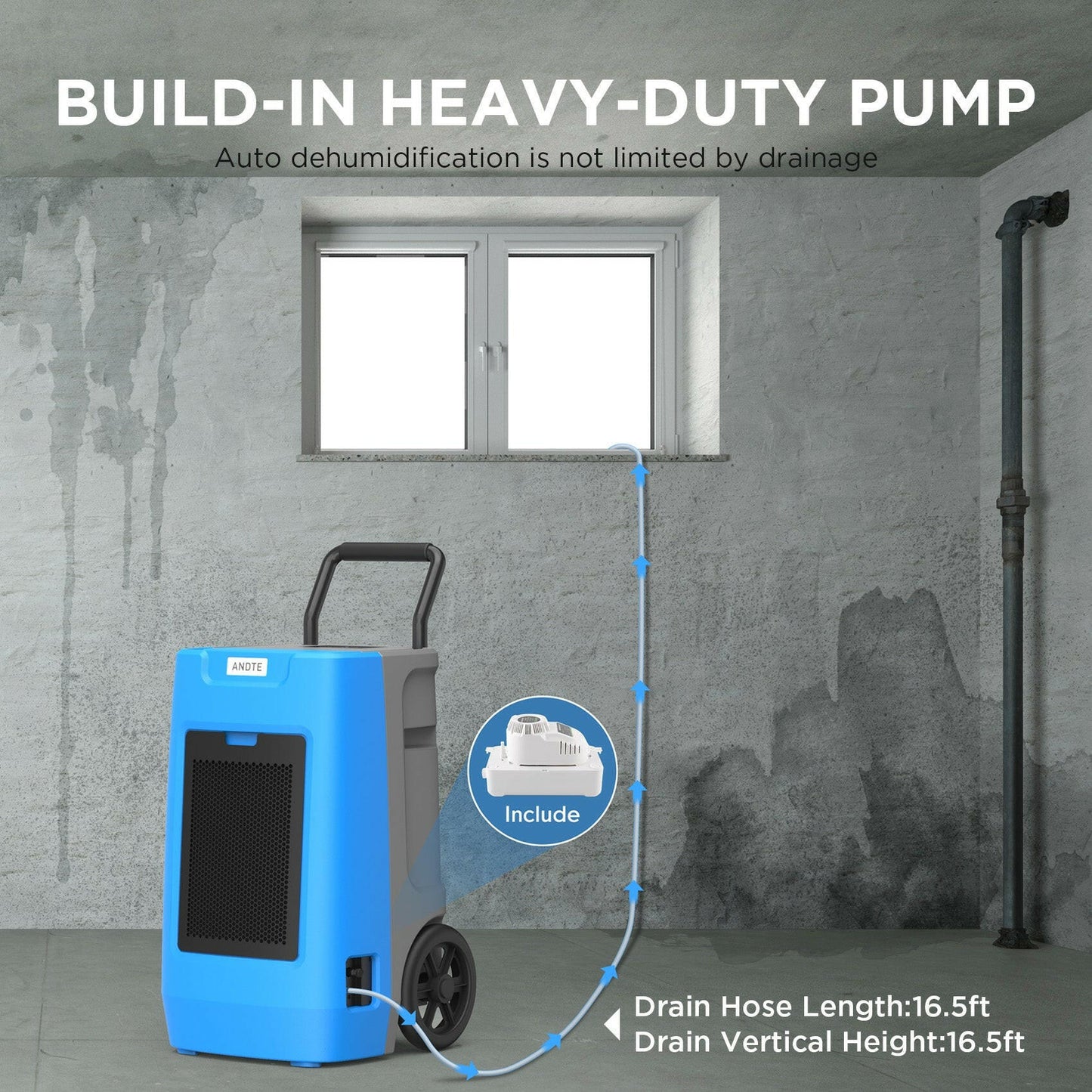 ANDTE 190 Pints Commercial Dehumidifier with Pump Drain hose