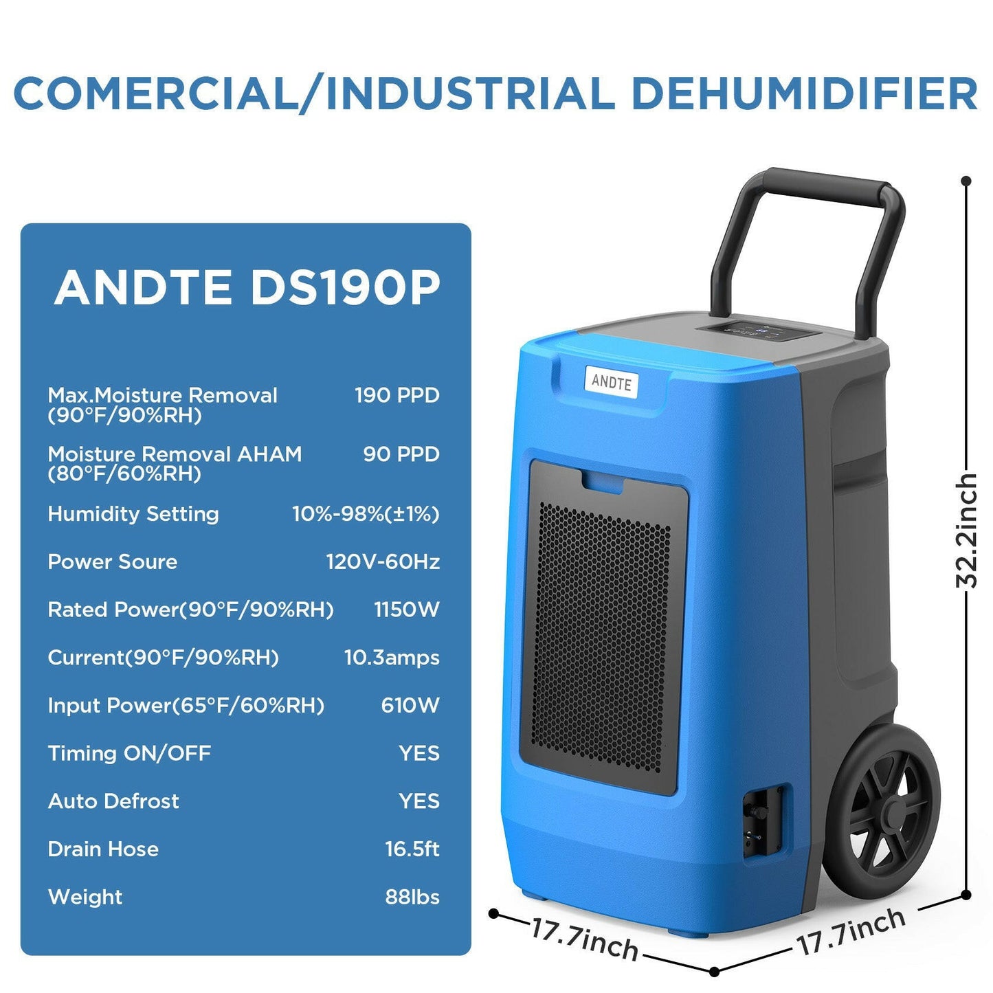 ANDTE 190 Pints Commercial Dehumidifier with Pump parameter