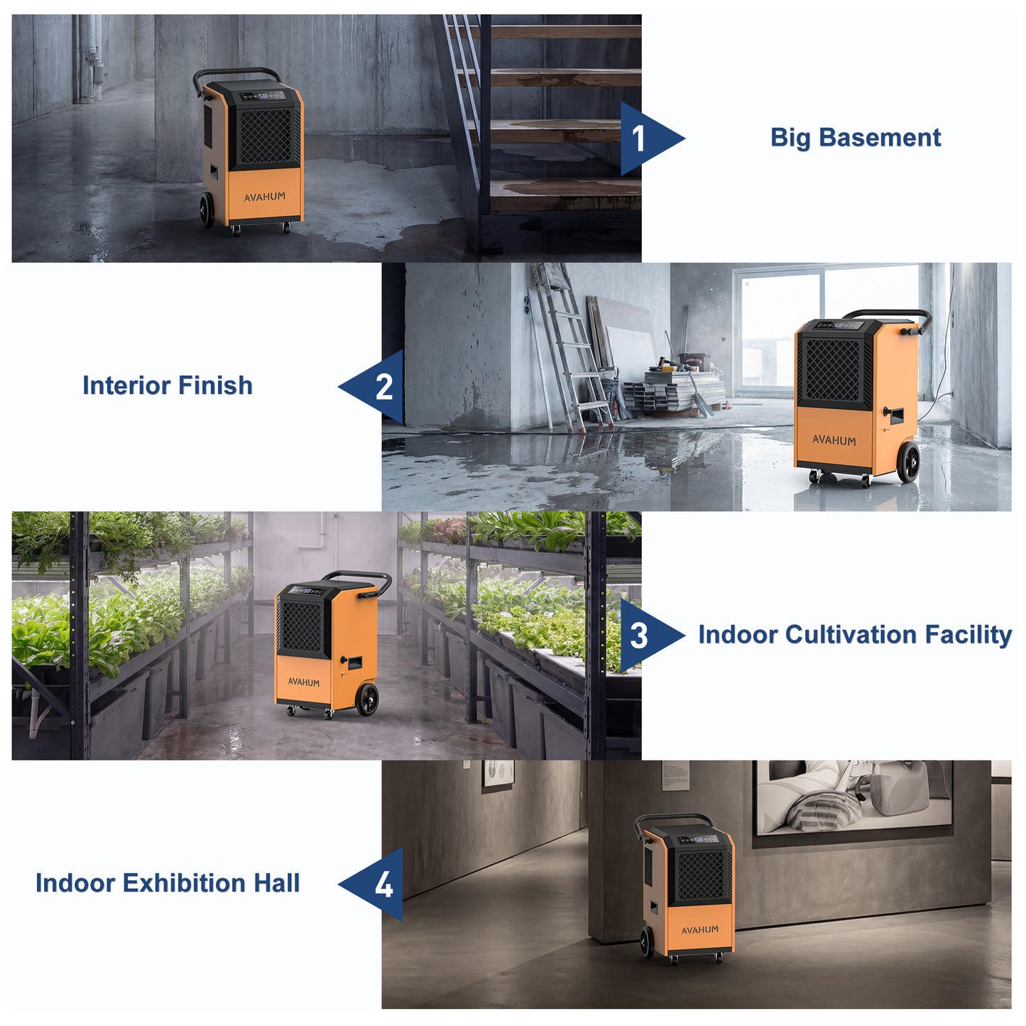 AVAHUM 160 Pints Commercial Dehumidifier with Pump and Drain Hose for Basements, Heavy Duty Commercial Grade Dehumidifiers for Large Spaces, Warehouse, Industry Water Damage Unit, Auto Defrost