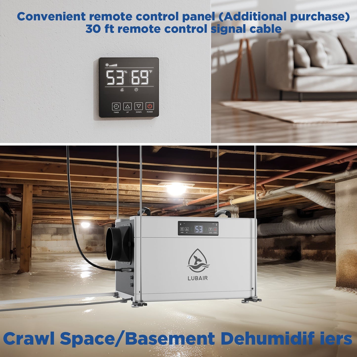 LUBAIR 145 Pints Crawl Space Dehumidifiers with Drain Hose, Size for 6000 sq.ft