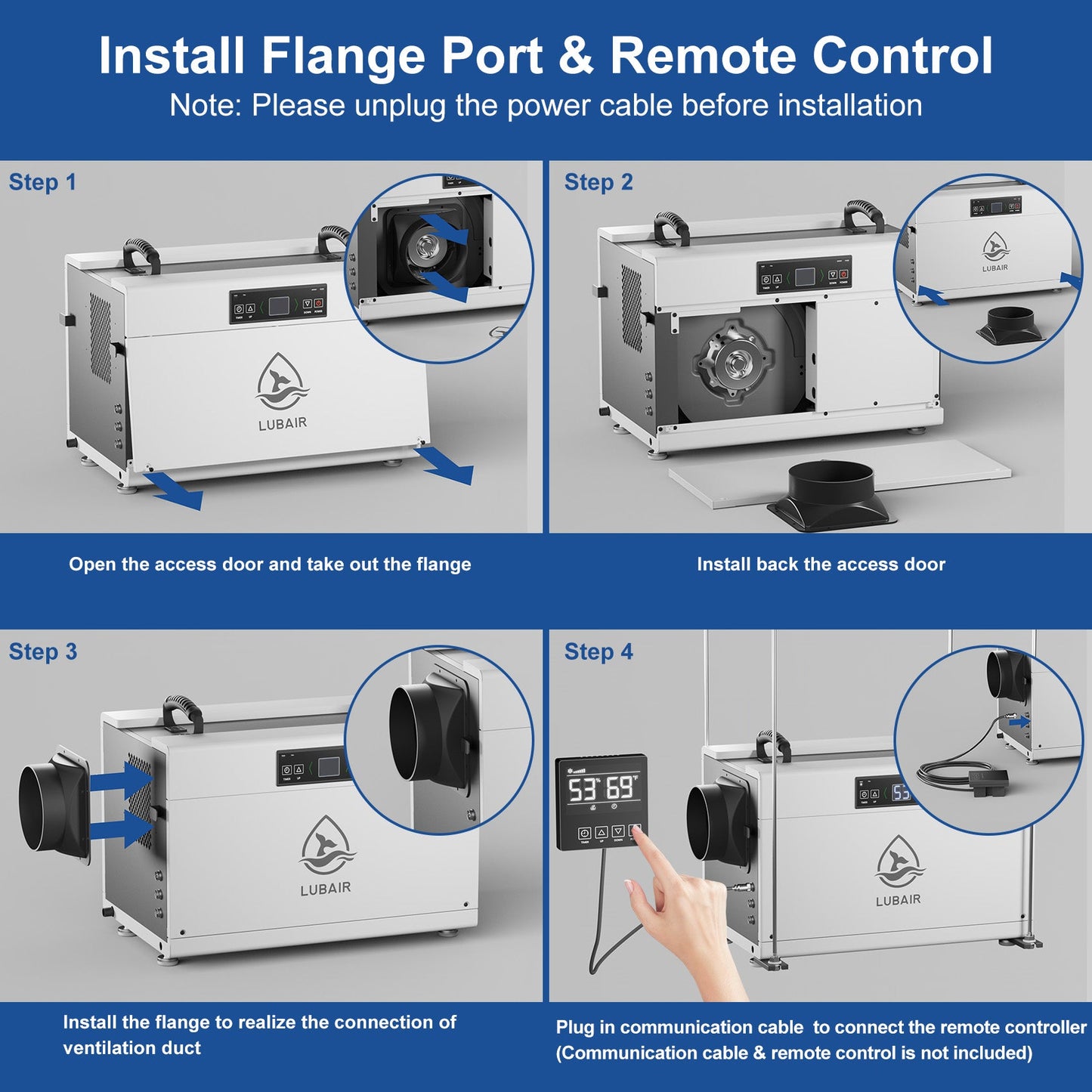 DY145_145_Pint_Commercial_Dehumidifier install flange port and remote control