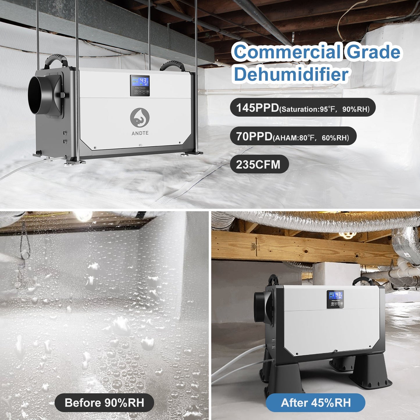 ANDTE 145 Pints Crawl Space Dehumidifier with Drain Hose, Can be Controlled Remotely (included)