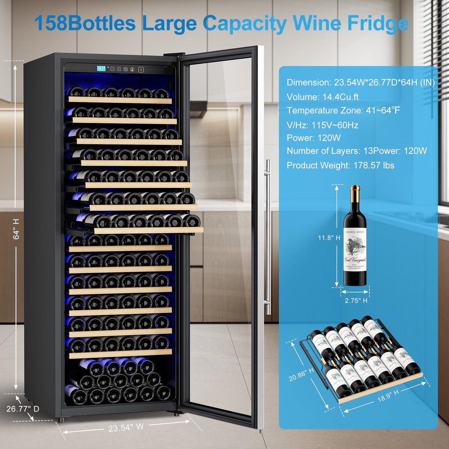 158-Bottle Wine Cooler Refrigerator Suitable for Mixed Bottle Sizes, 24 Inch Wine Refrigerator Freestanding or Built-In, Low Noise Operation