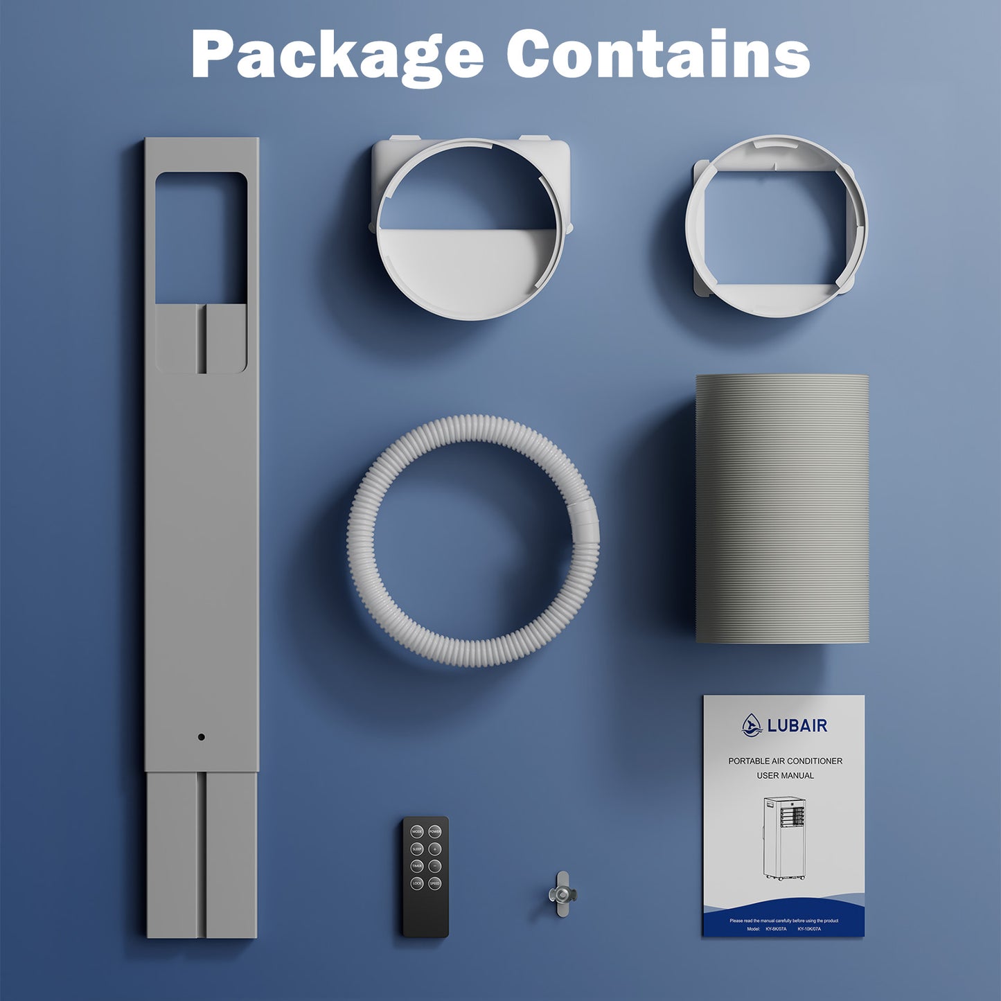 LUBAIR 8,000 BTU Portable Air Conditioner package contains