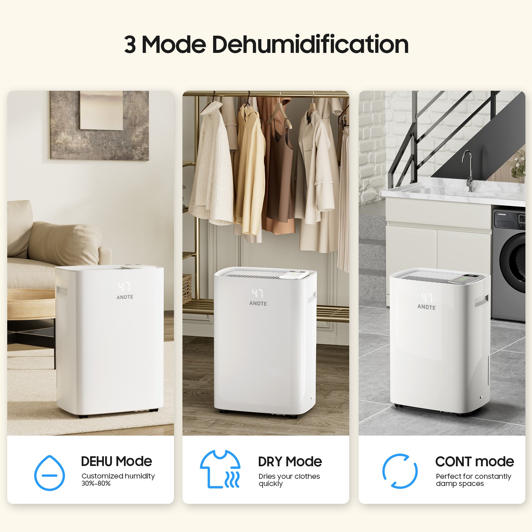 PD120K_ANDTE 120 Pints Dehumidifier for Basement and Home 3 mode dehumidificaion