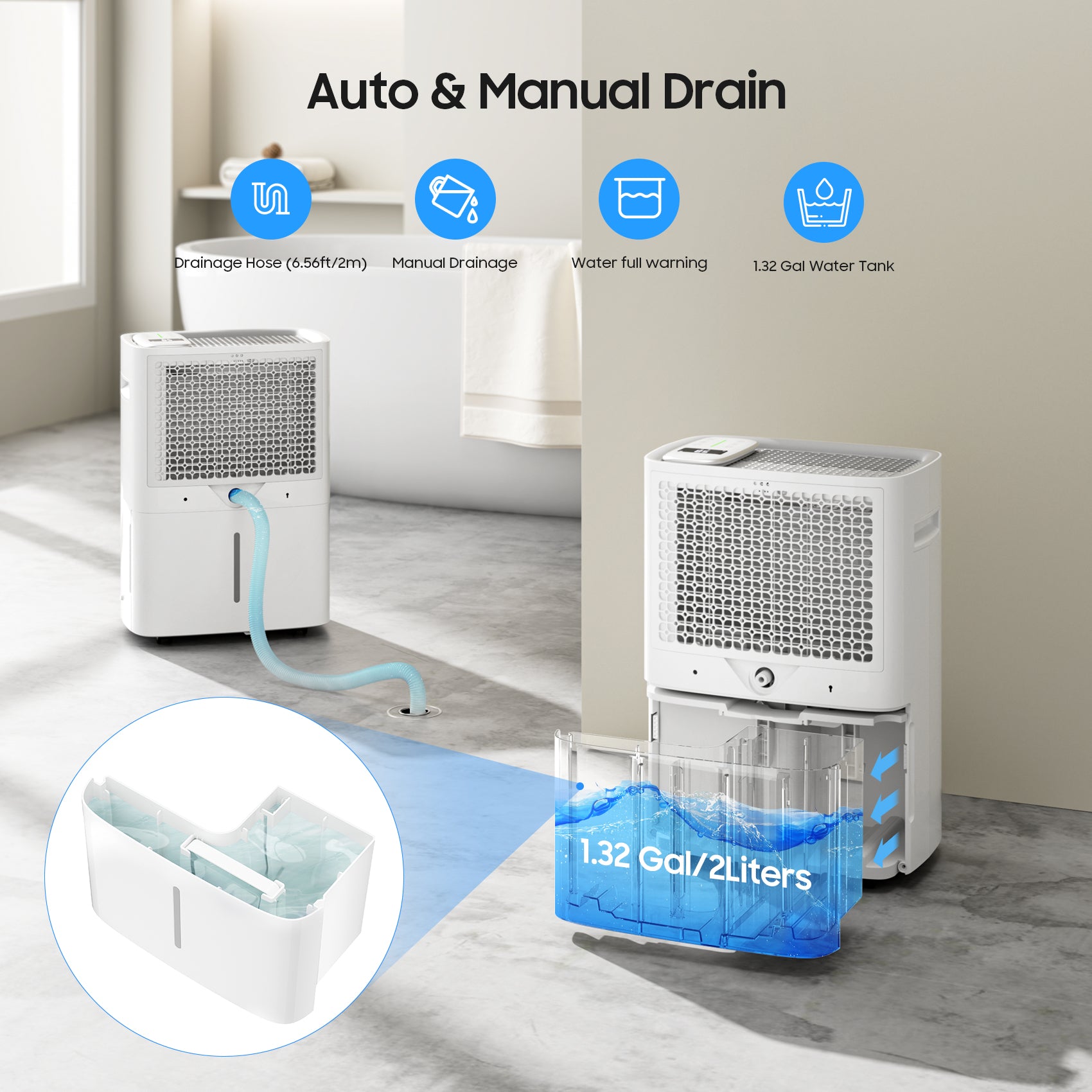 PD120K_ANDTE 120 Pints Dehumidifier for Basement and Home drain hose and water tank
