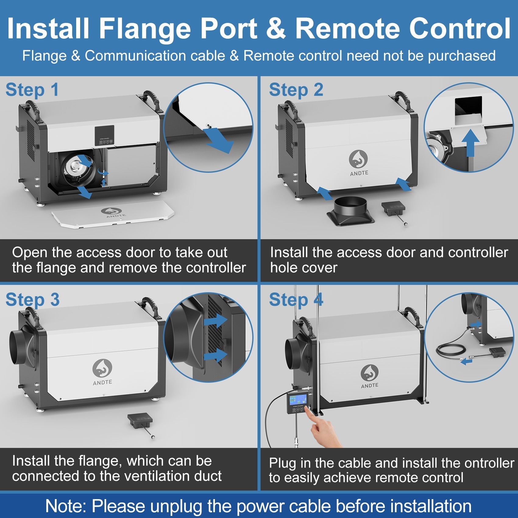 Andte dehumidifier DY155 install flange port and remote control