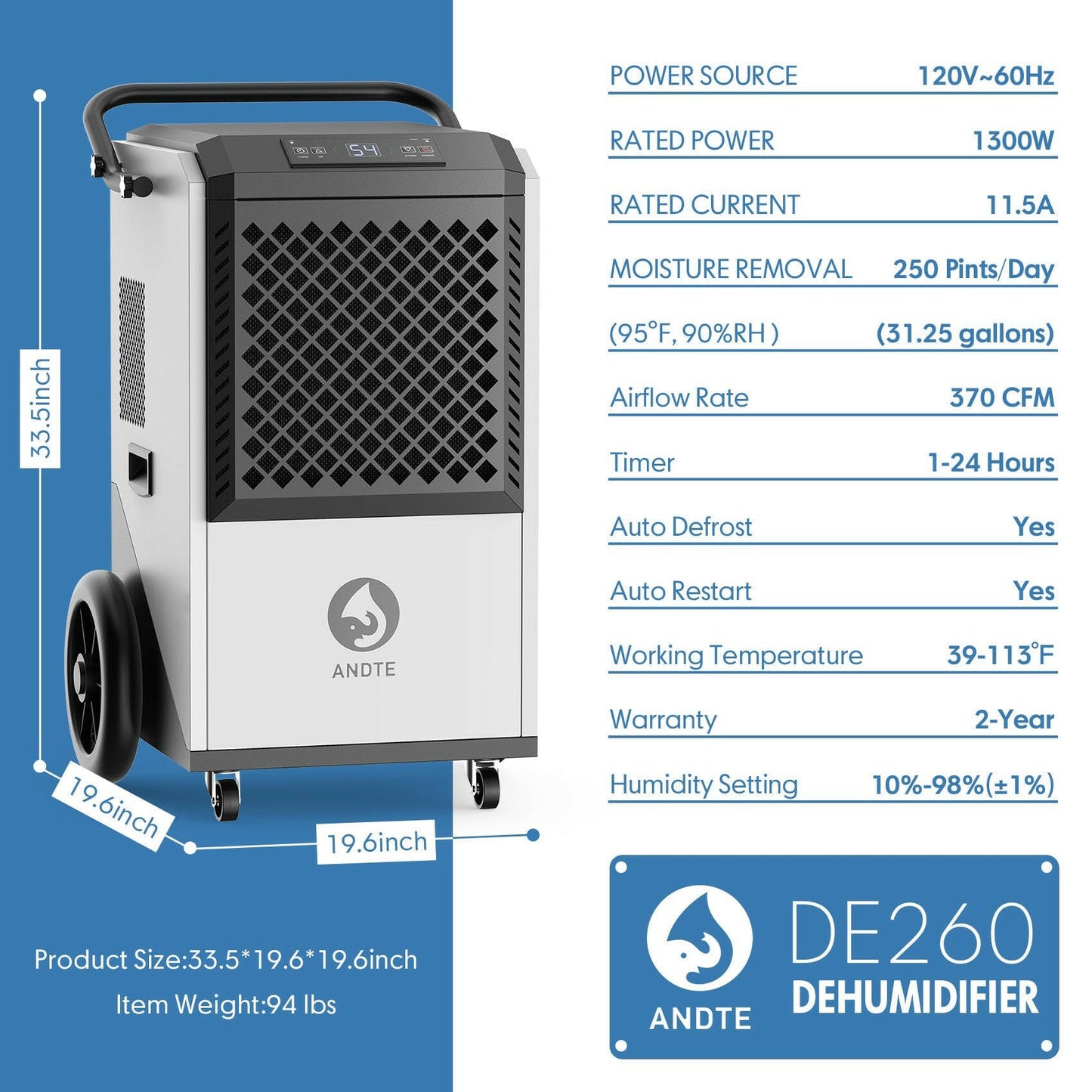 ANDTE DE260 commercial dehumidifier Product Parameters
