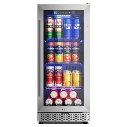 15 Inch Beverage Refrigerator, 100 Can Under Counter Beverage Fridge with Glass Door Built-in or Freestanding, Drink Fridge for Soda Beer Wine-Kitchen Bar Office