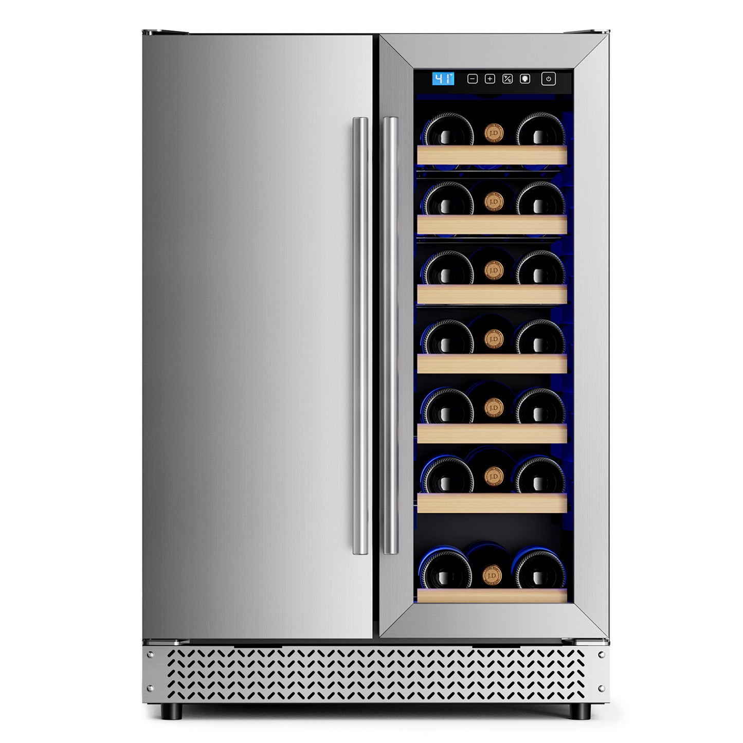 Wine and Beverage Refrigerator, 24” Daul Zone Wine Fridge, Freestanding Under Counter Refrigerator, Stainless Steel Beverage Cooler with Adjustable Shelves, Holds 21 Bottles and 88 Cans