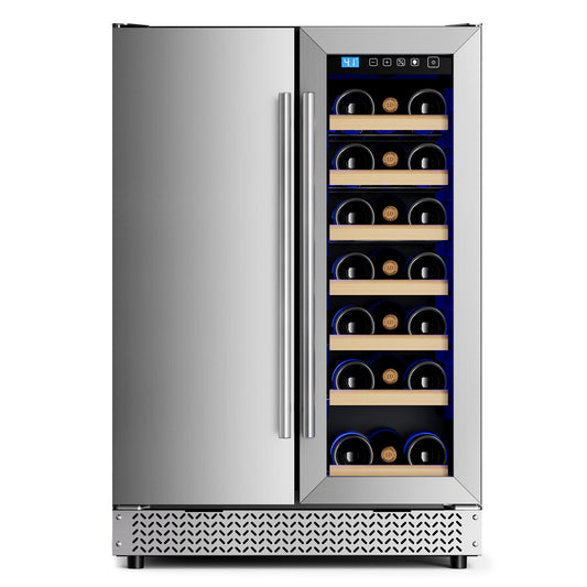 Wine and Beverage Refrigerator, 24” Daul Zone Wine Fridge, Freestanding Under Counter Refrigerator, Stainless Steel Beverage Cooler with Adjustable Shelves, Holds 21 Bottles and 88 Cans