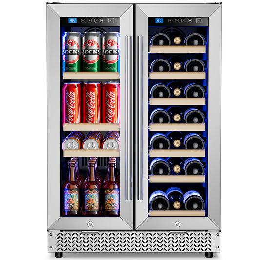 Wine and Beverage Refrigerator 24'', Dual Zone Wine Fridge Built in or Freestanding, Beverage Cooler with Glass Door holds 21 Bottles and 88 Cans, Upgrade Cooling Low Noise for Kitchen, Bar, Office