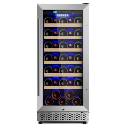 15 Inch Wine Fridge, 35 Bottles Wine Fridge Small with Glass Door Built-in or Freestanding, Wine Cooler Refrigerator Compressor Quick Cooling&Low Noise-Kitchen Bar Office