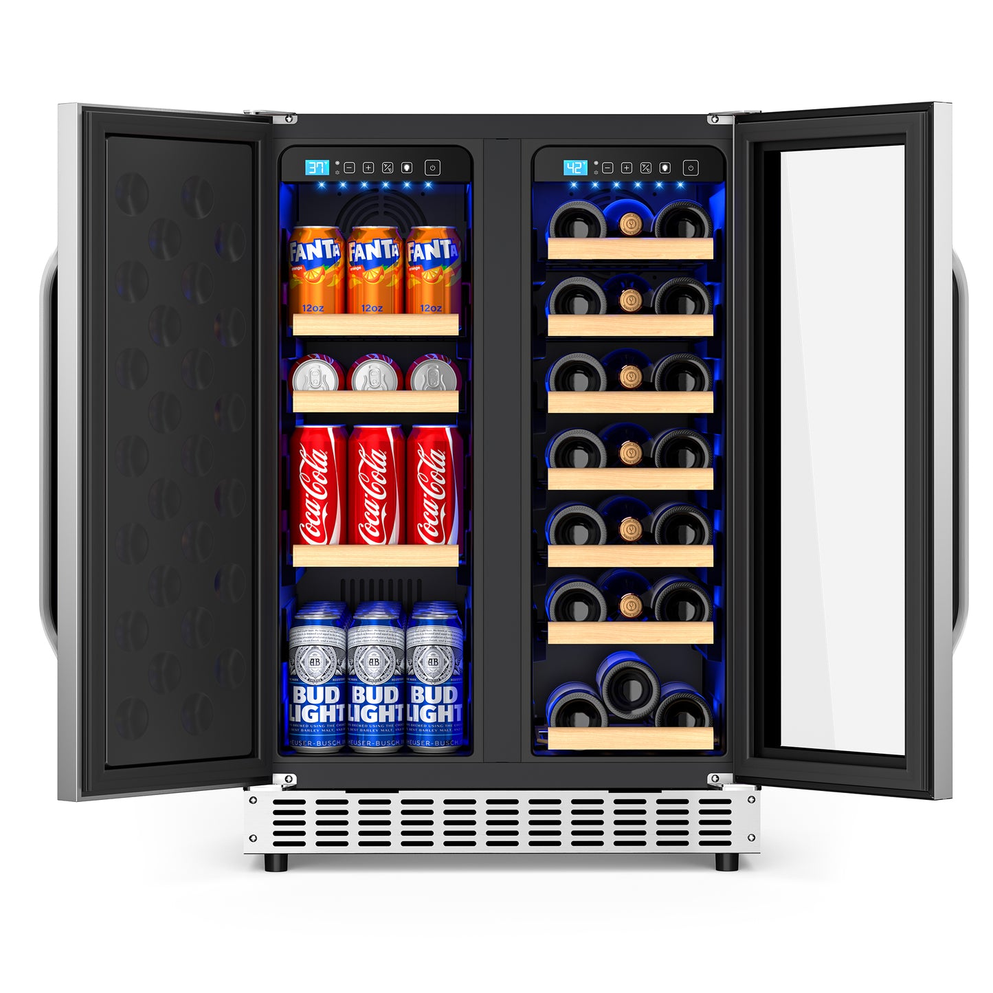 Holds 21 Bottles and 88 Cans Wine and Beverage Refrigerator, 24” Daul Zone Wine Fridge, Freestanding Under Counter Refrigerator, Stainless Steel Beverage Cooler with Adjustable Shelves