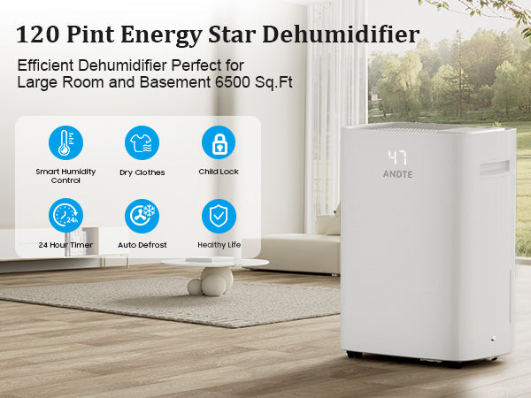 ANDTE 120 Pints Dehumidifier for Basement and Home, 6500 Sq.Ft Large Room Dehumidifiers with Drain Hose for Bathroom Living room Carwl Space, Smart Humidity Control, Touch Control Panel