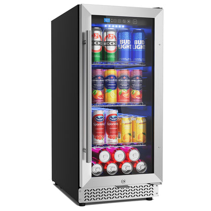 15 Inch Beverage Refrigerator, 100 Can Under Counter Beverage Fridge with Glass Door Built-in or Freestanding, Drink Fridge for Soda Beer Wine-Kitchen Bar Office