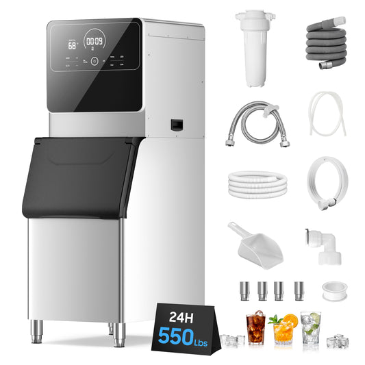 Commercial Ice Maker 550 Lbs/24H Commercial Ice Maker Machine Industrial Ice Machine with 400Lbs Storage, Ice Ready in 5-12 min, Stainless Steel Ice Maker for Bar Cafe Business Restaurant
