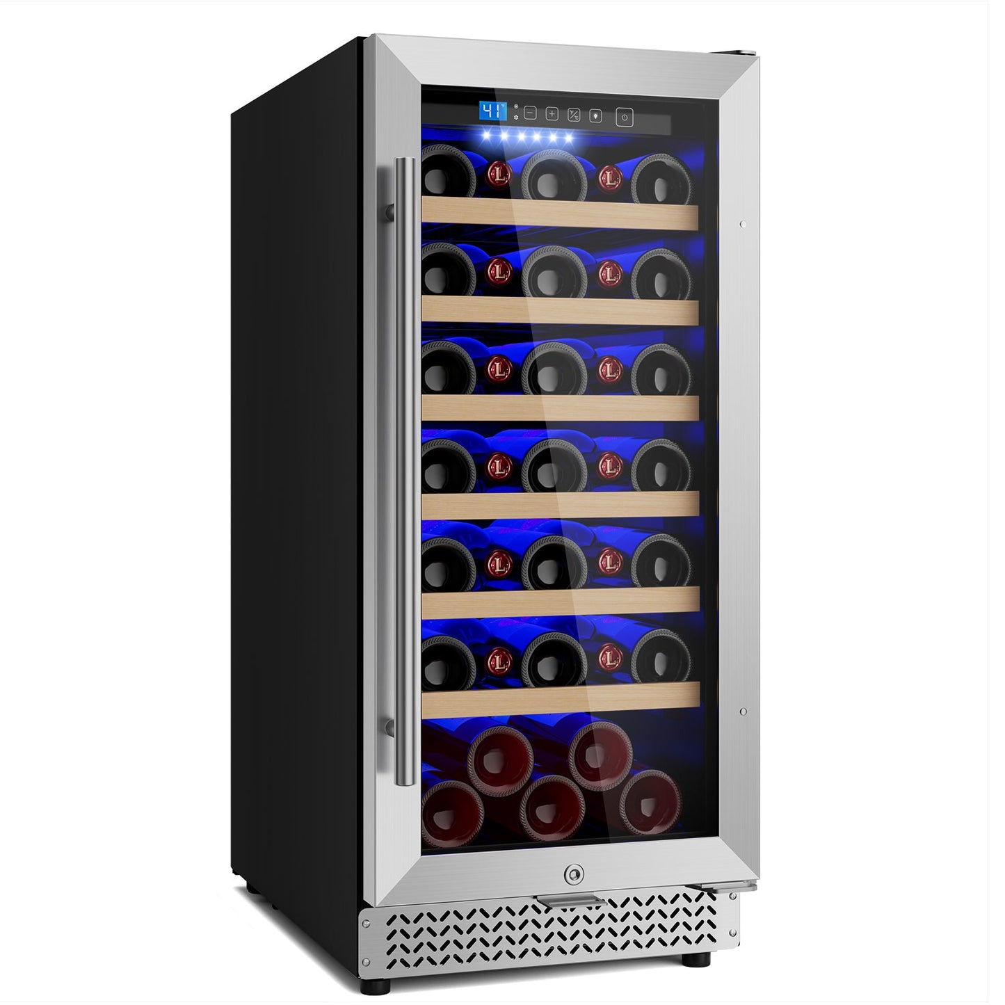 15 Inch Wine Fridge, 35 Bottles Wine Fridge Small with Glass Door Built-in or Freestanding, Wine Cooler Refrigerator Compressor Quick Cooling&Low Noise-Kitchen Bar Office