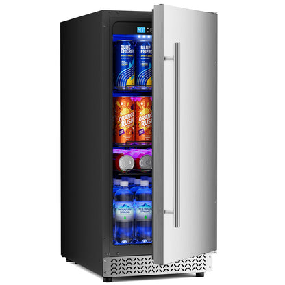 15 Inch Outdoor Fridge, 92 Cans Beverage Refrigerator with Stainless Steel Door Built-In or Freestanding, Outdoor Refrigerator for Patio & Waterproof for Soda Beer Wine-Kitchen Bar Office