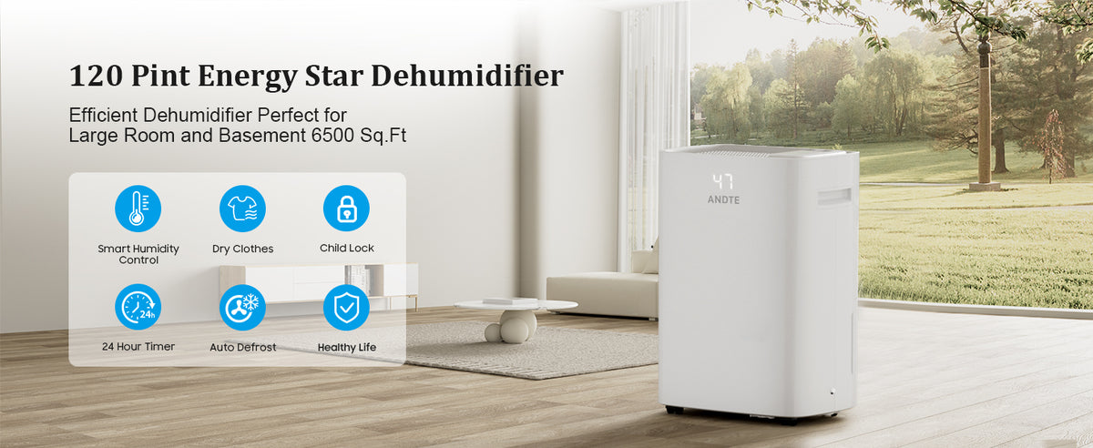 ANDTE 120 Pints Dehumidifier for Basement and Home, 6500 Sq.Ft Large Room Dehumidifiers with Drain Hose for Bathroom Living room Carwl Space, Smart Humidity Control, Touch Control Panel