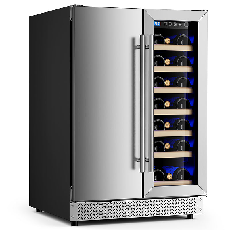Wine and Beverage Refrigerator, 24” Daul Zone Wine Fridge, Freestanding Under Counter Refrigerator, Stainless Steel Beverage Cooler with Adjustable Shelves, Holds 21 Bottles and 88 Cans