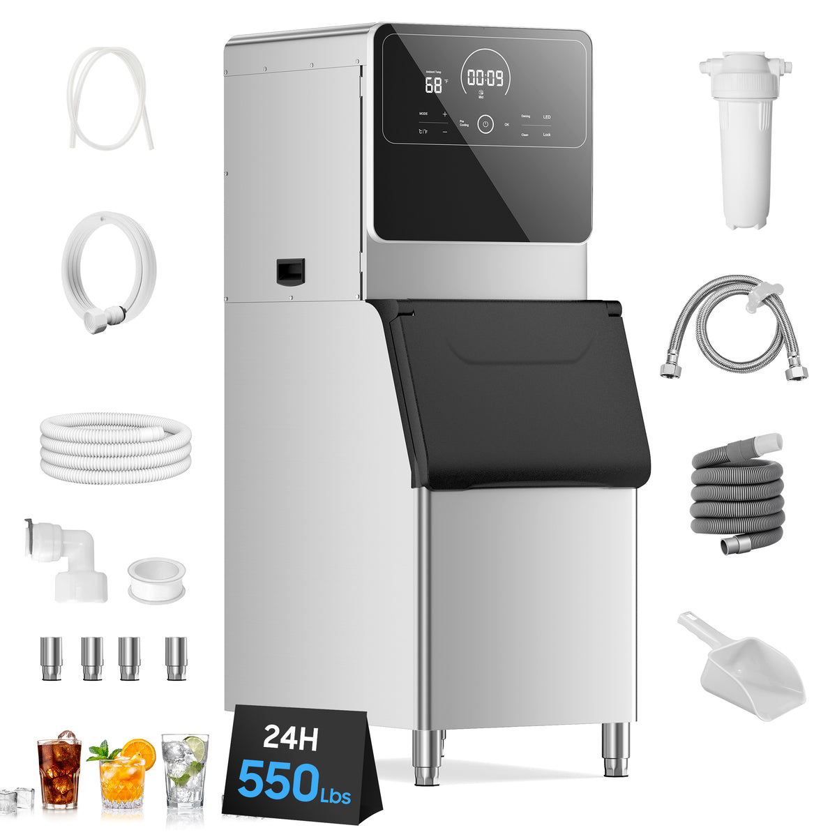 Commercial Ice Maker 550 Lbs/24H Commercial Ice Maker Machine Industrial Ice Machine with 400Lbs Storage, Ice Ready in 5-12 min, Stainless Steel Ice Maker for Bar Cafe Business Restaurant
