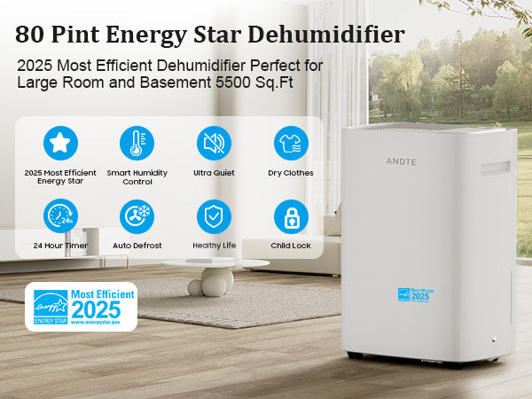 80 Pints Energy Star Home Dehumidifier, 5500 Sq.Ft Dehumidifier for Basement and Home, Large Room Dehumidifiers with Drain Hose & Water Tank, 24H Timer, Auto Defrost, Dry Clothes
